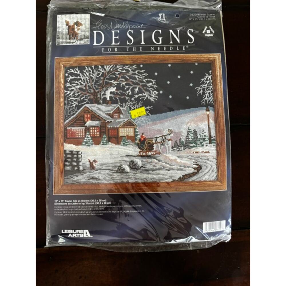 Vintage Leisure Arts Winter Cabin Sleigh Cross Stitch Kit Scene Horse Sleigh